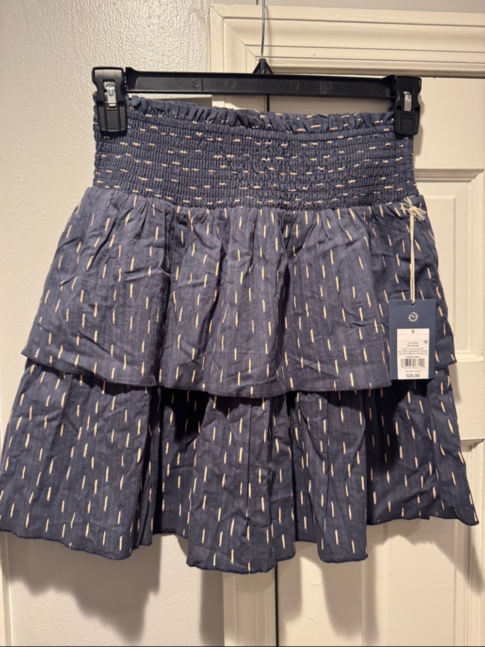 Universal Thread Navy Blue Tiered Smocked-Waist Skirt with White Dash Print